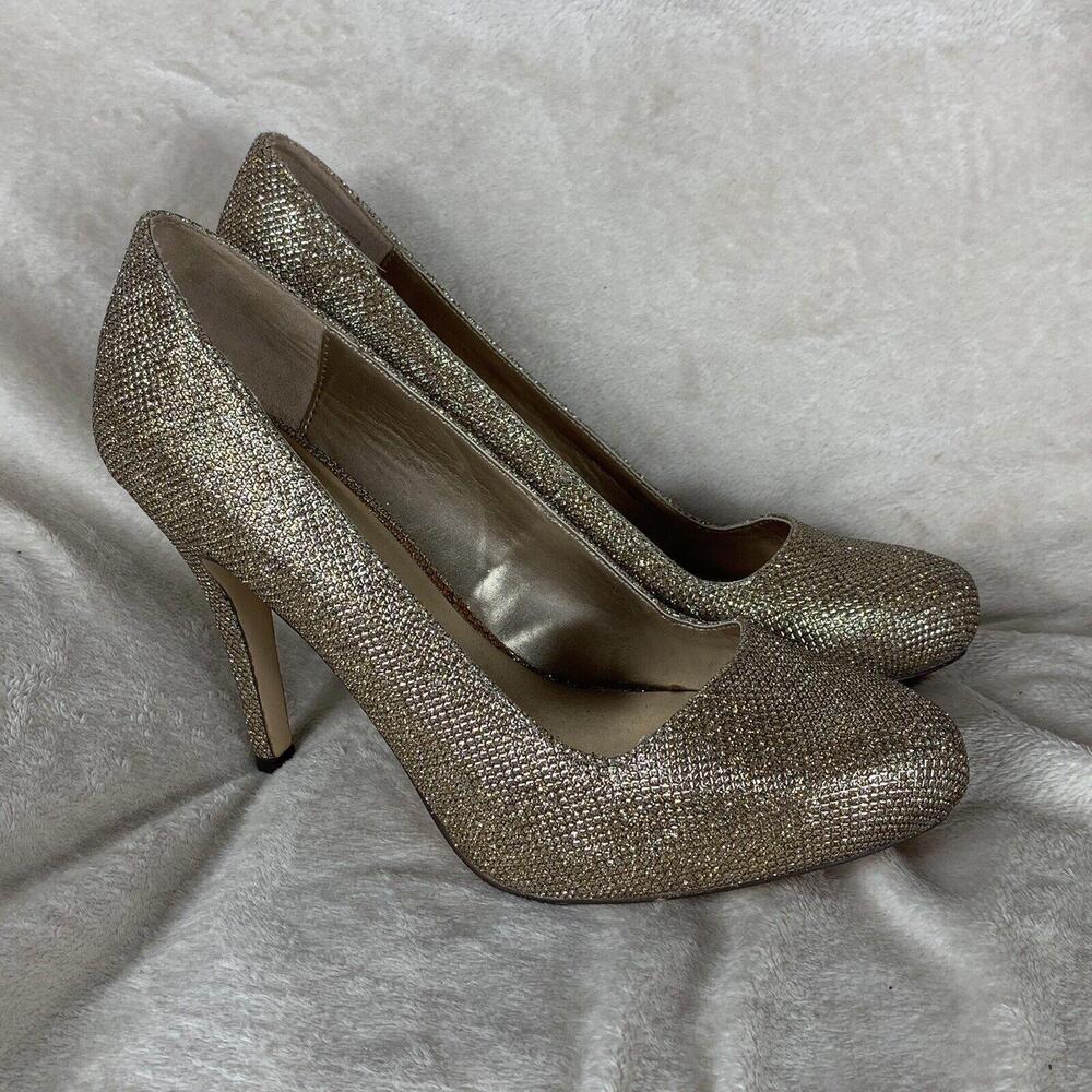 Call It Spring Gold Glitter Pumps Womens Size 8.5 Shoes 4” Heels VGC